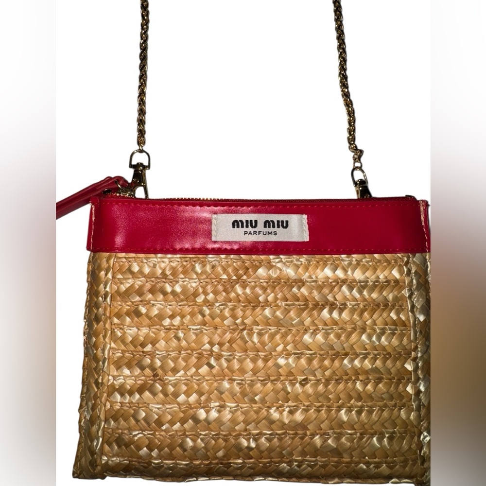 Miu Miu Red and Tan Woven Shoulder Crossbody Bag with Boxy Design GWP - Picture 4 of 7